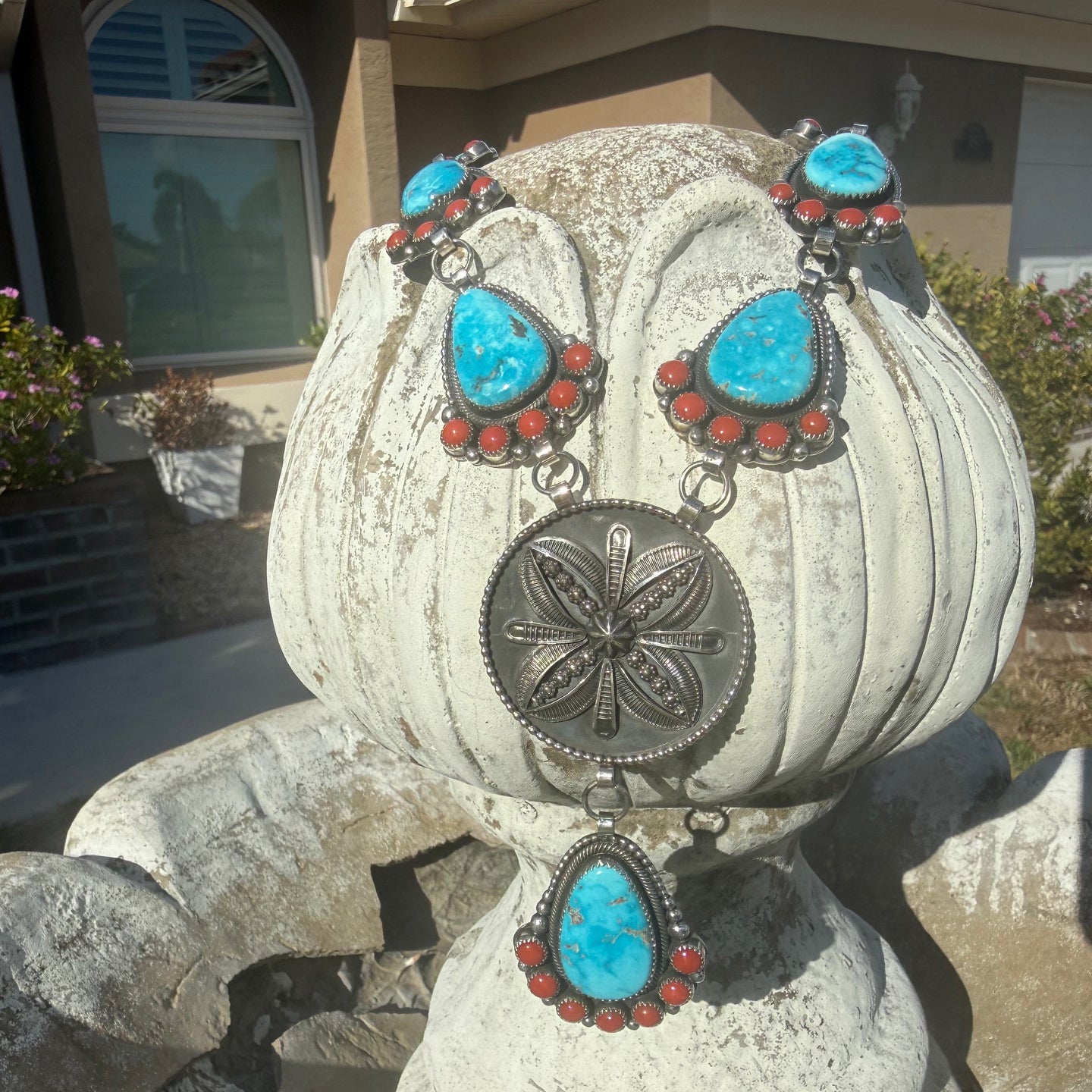 Myron Etsitty Kingman Turquoise and Coral Statement Lariat