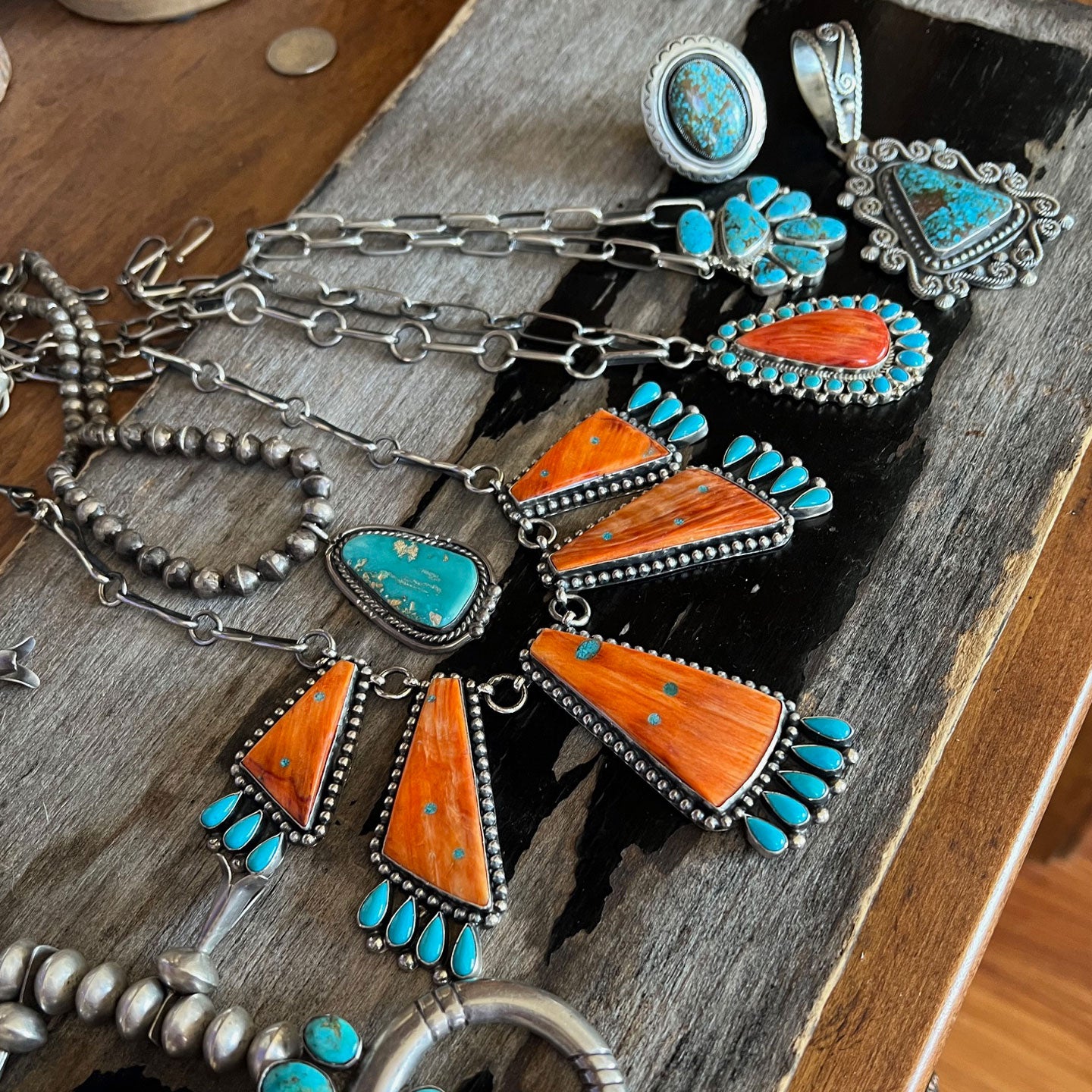 Readda Begay Inlaid Orange Spiny Oyster and Sleeping Beauty Station Necklace