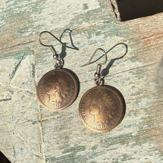 Buffalo Dancer,  Indian Head Penny Drop Earrings