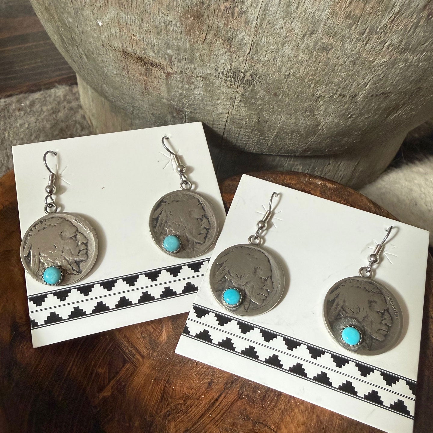 Buffalo Dancer, Buffalo Nickel Drop Earrings w/Turquoise