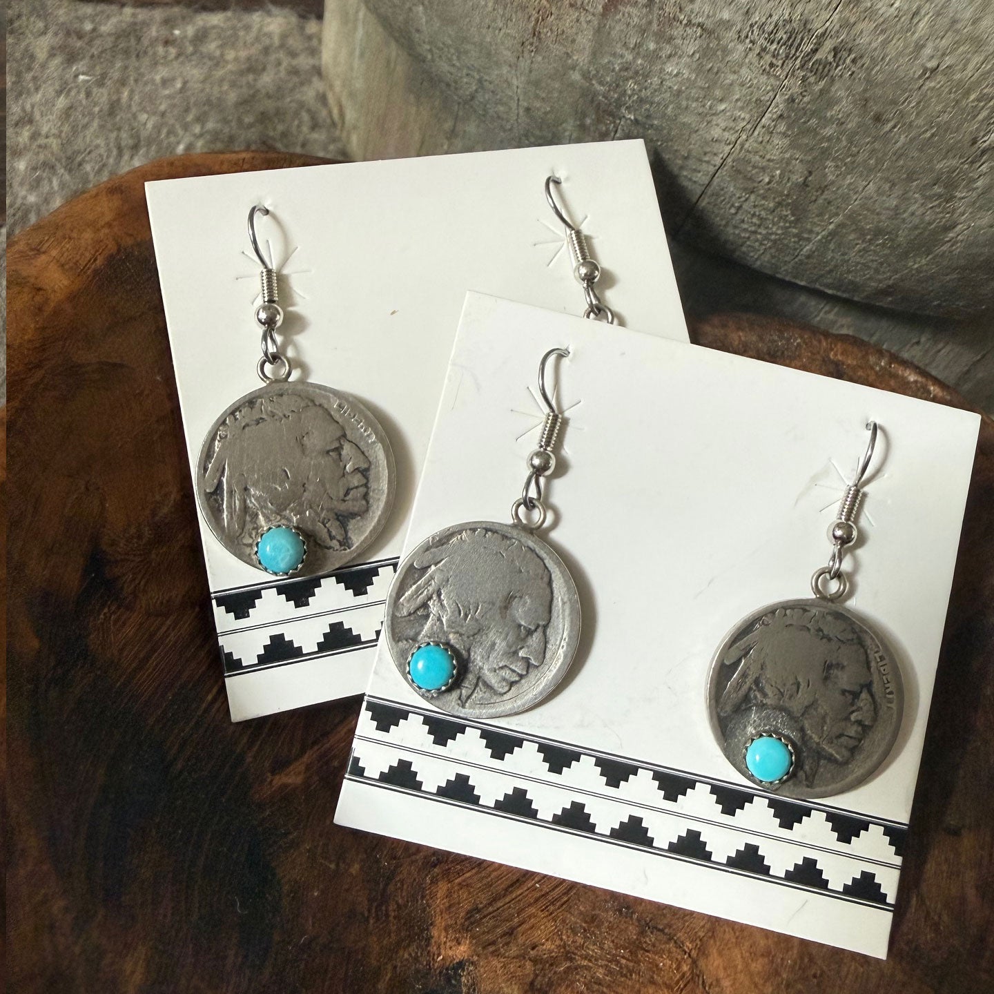 Buffalo Dancer, Buffalo Nickel Drop Earrings w/Turquoise