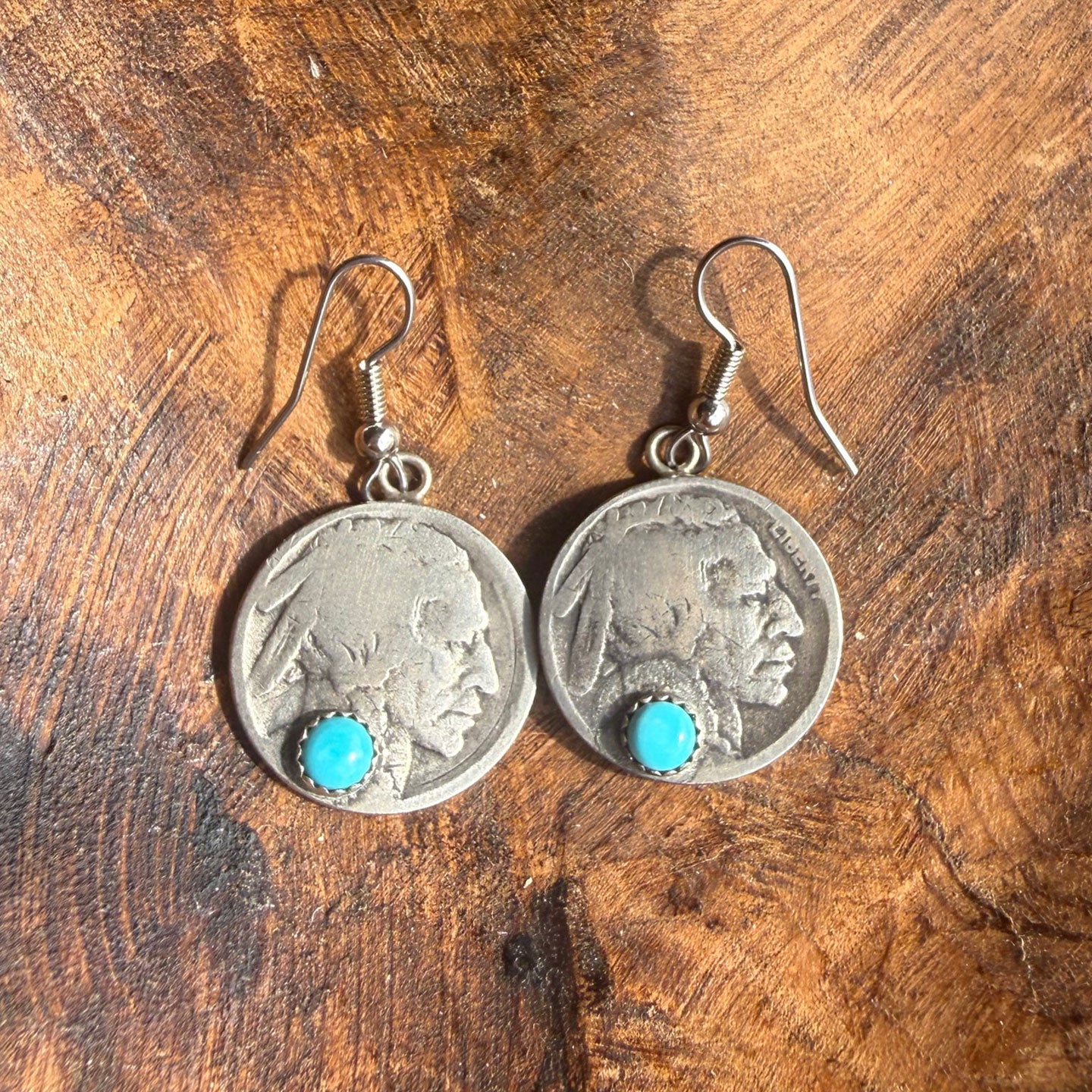 Buffalo Dancer, Buffalo Nickel Drop Earrings w/Turquoise