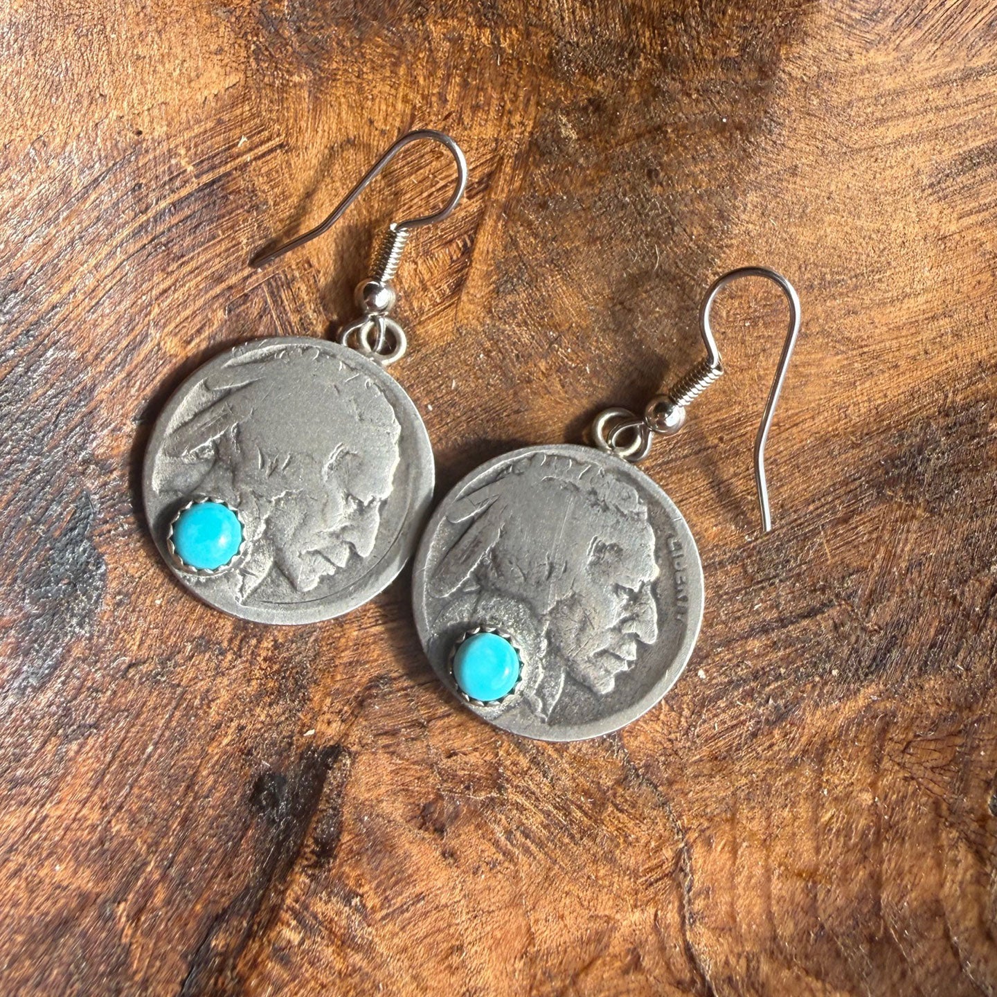 Buffalo Dancer, Buffalo Nickel Drop Earrings w/Turquoise