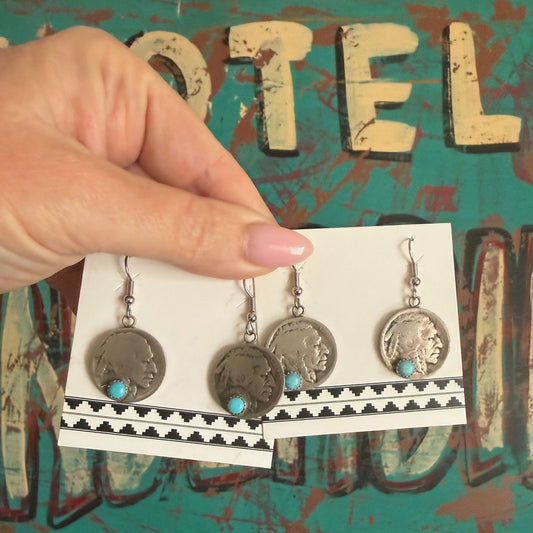 Buffalo Dancer, Buffalo Nickel Drop Earrings w/Turquoise