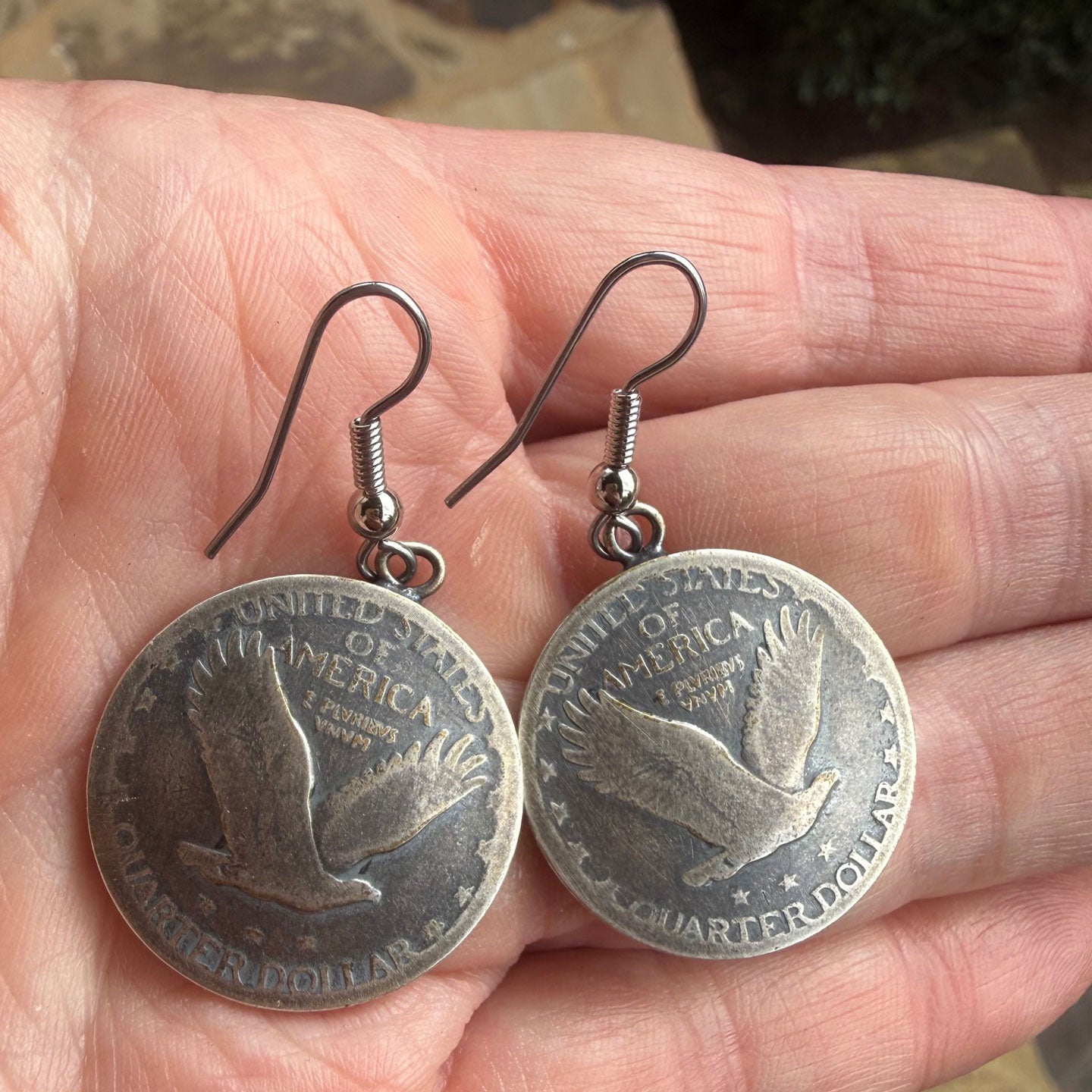 Buffalo Dancer, Standing Liberty Quarter Earrings - Eagles Out