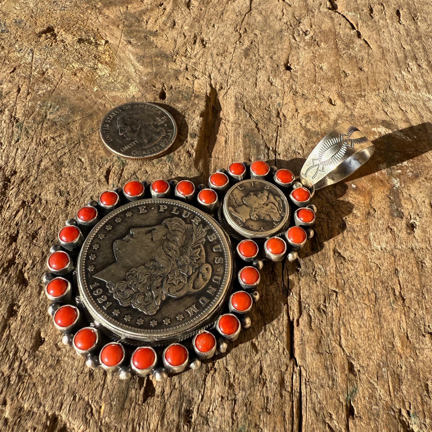 Betty (Bea) Tom Coral Two Coin Cluster Pendant