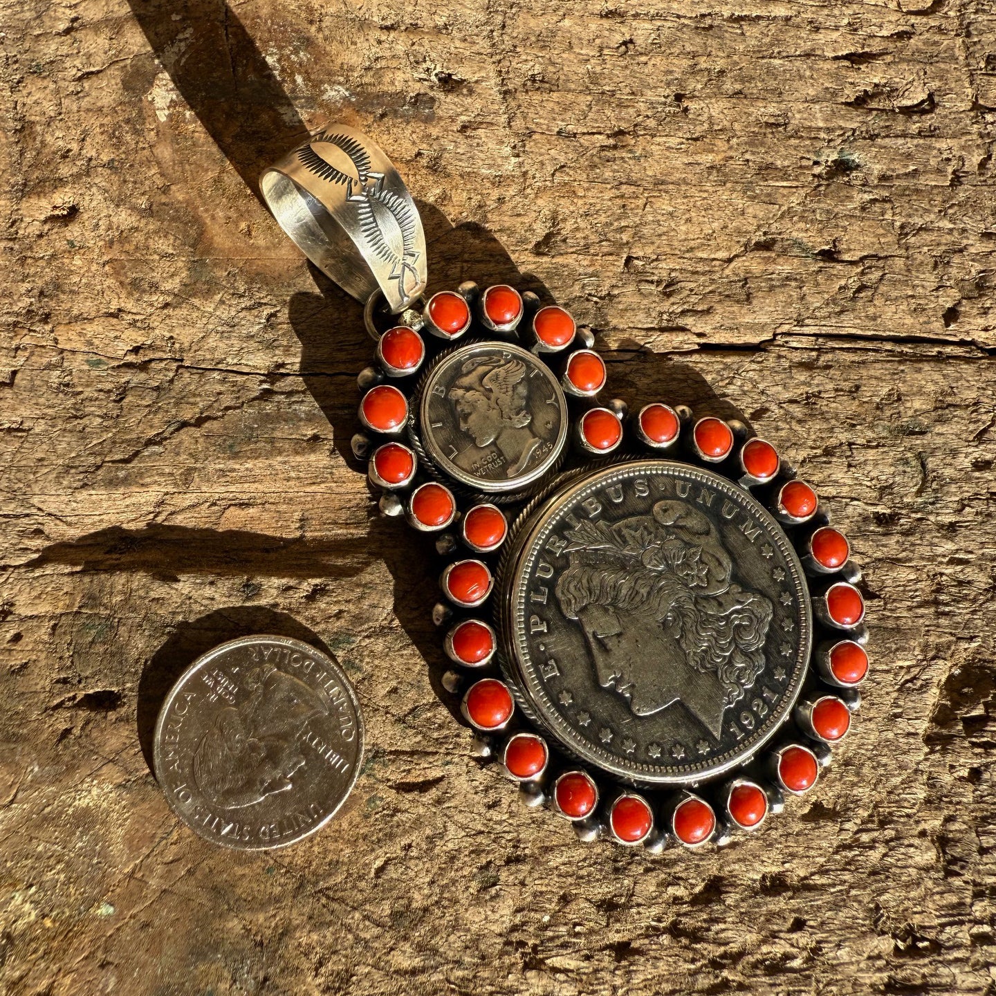 Betty (Bea) Tom Coral Two Coin Cluster Pendant