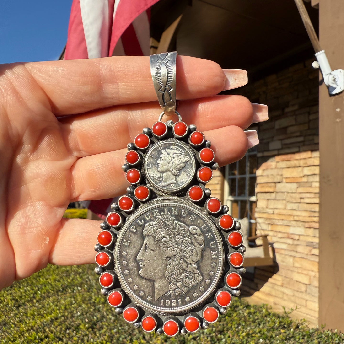 Betty (Bea) Tom Coral Two Coin Cluster Pendant