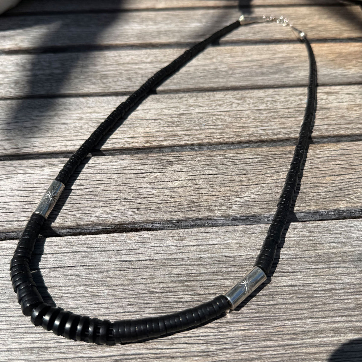Doris Coriz 24" Graduated Black Jet and Sterling Heishi Bead Necklace
