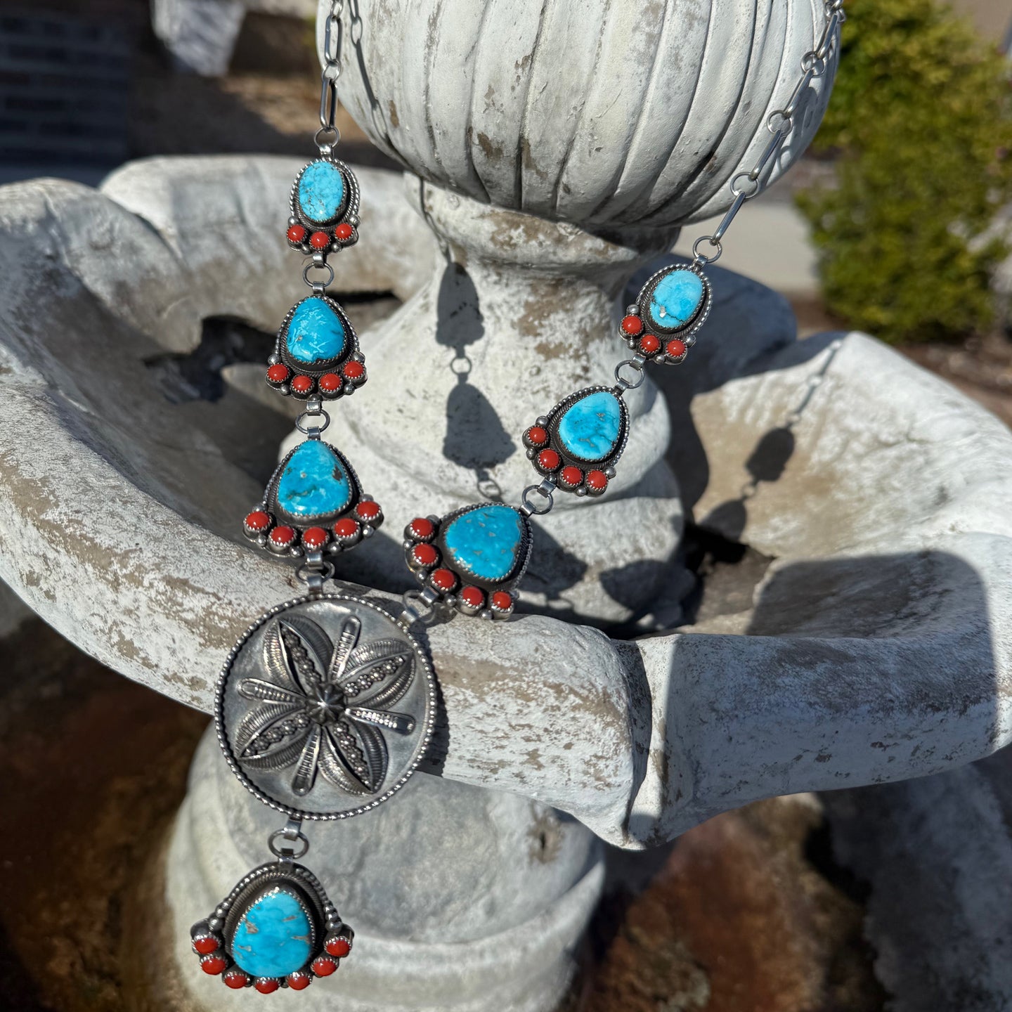 Myron Etsitty Kingman Turquoise and Coral Statement Lariat