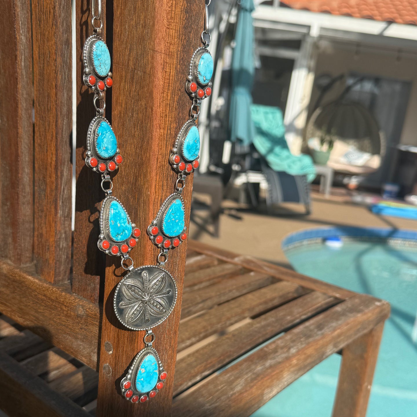 Myron Etsitty Kingman Turquoise and Coral Statement Lariat