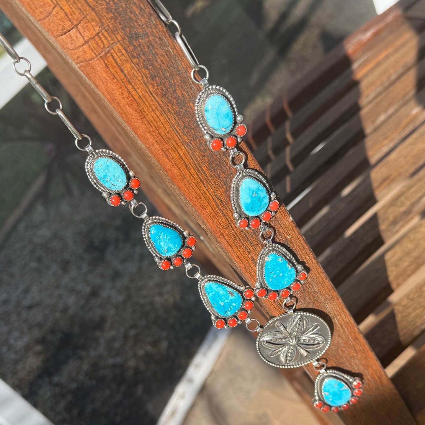 Myron Etsitty Kingman Turquoise and Coral Statement Lariat