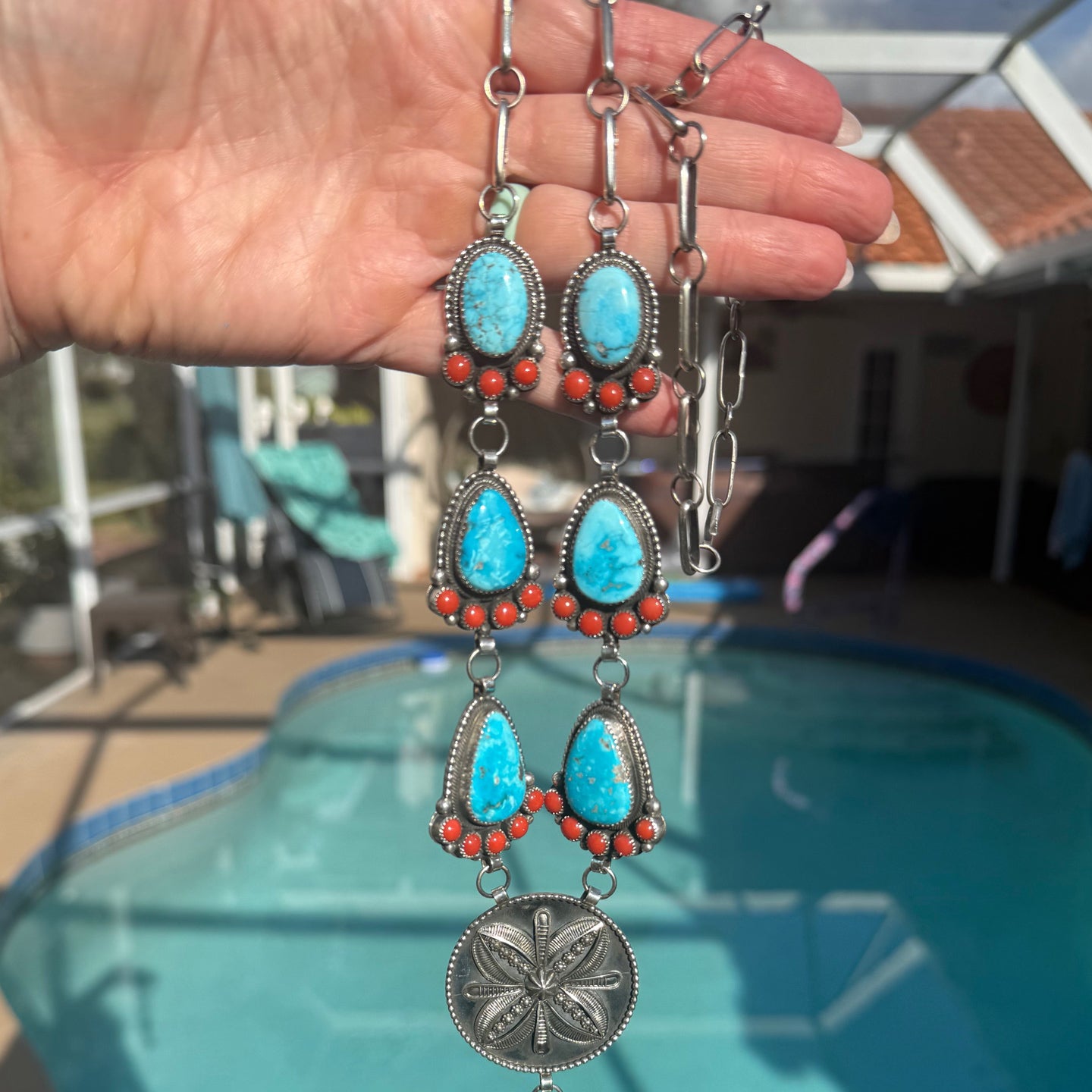 Myron Etsitty Kingman Turquoise and Coral Statement Lariat