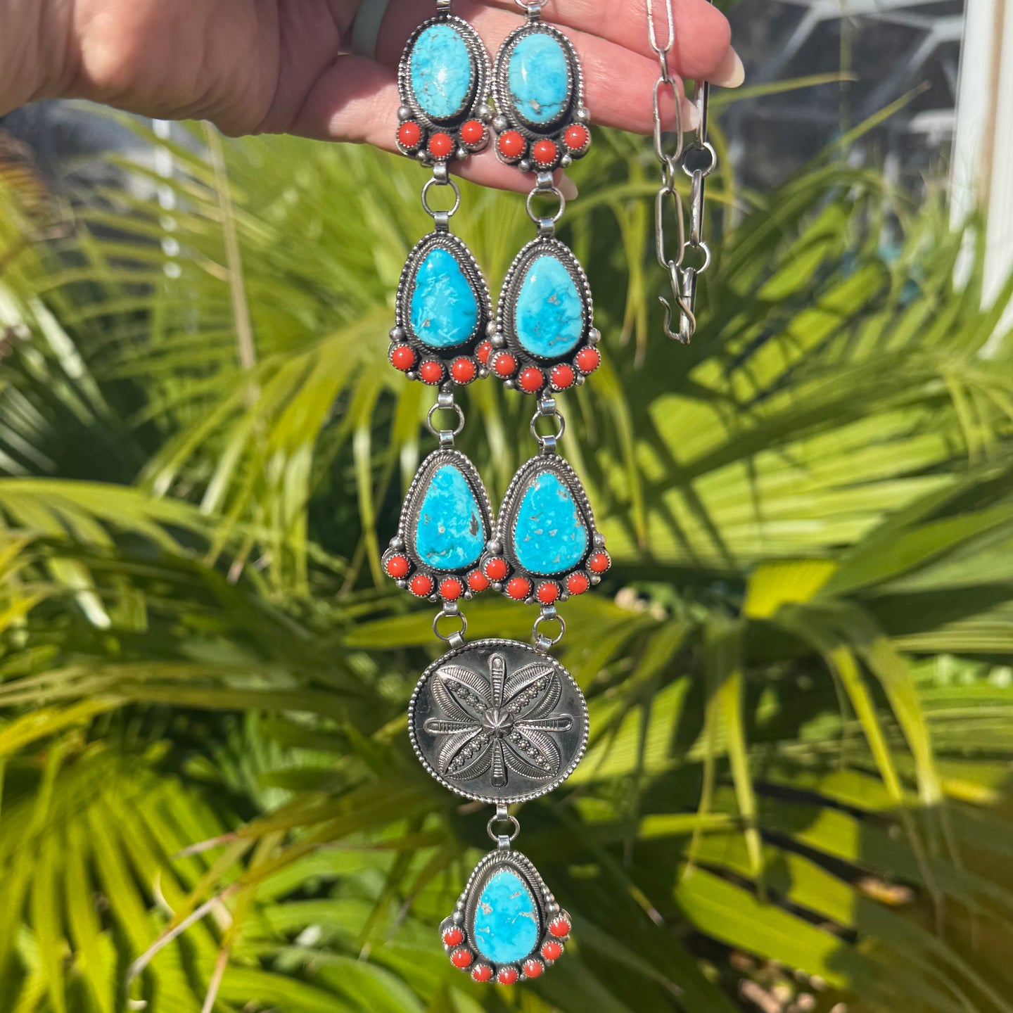 Myron Etsitty Kingman Turquoise and Coral Statement Lariat