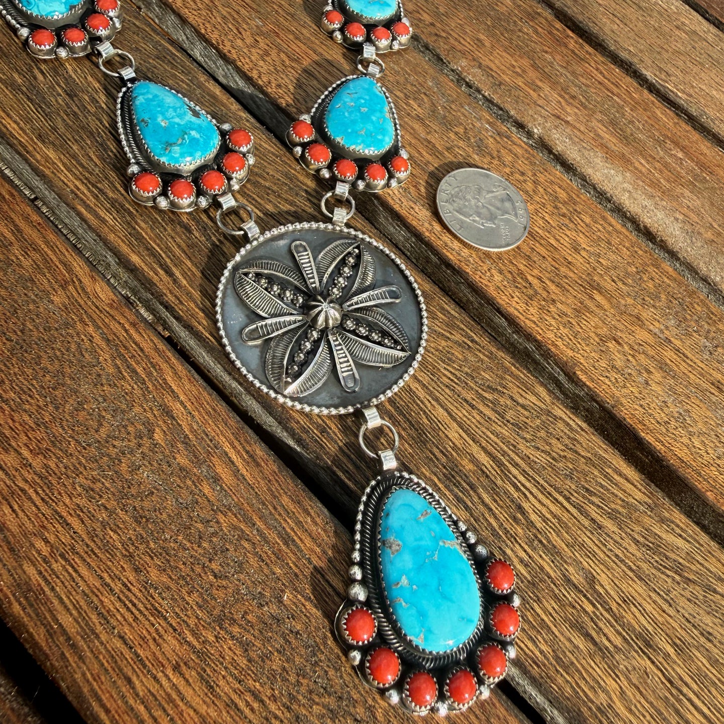 Myron Etsitty Kingman Turquoise and Coral Statement Lariat