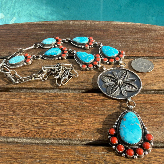 Myron Etsitty Kingman Turquoise and Coral Statement Lariat
