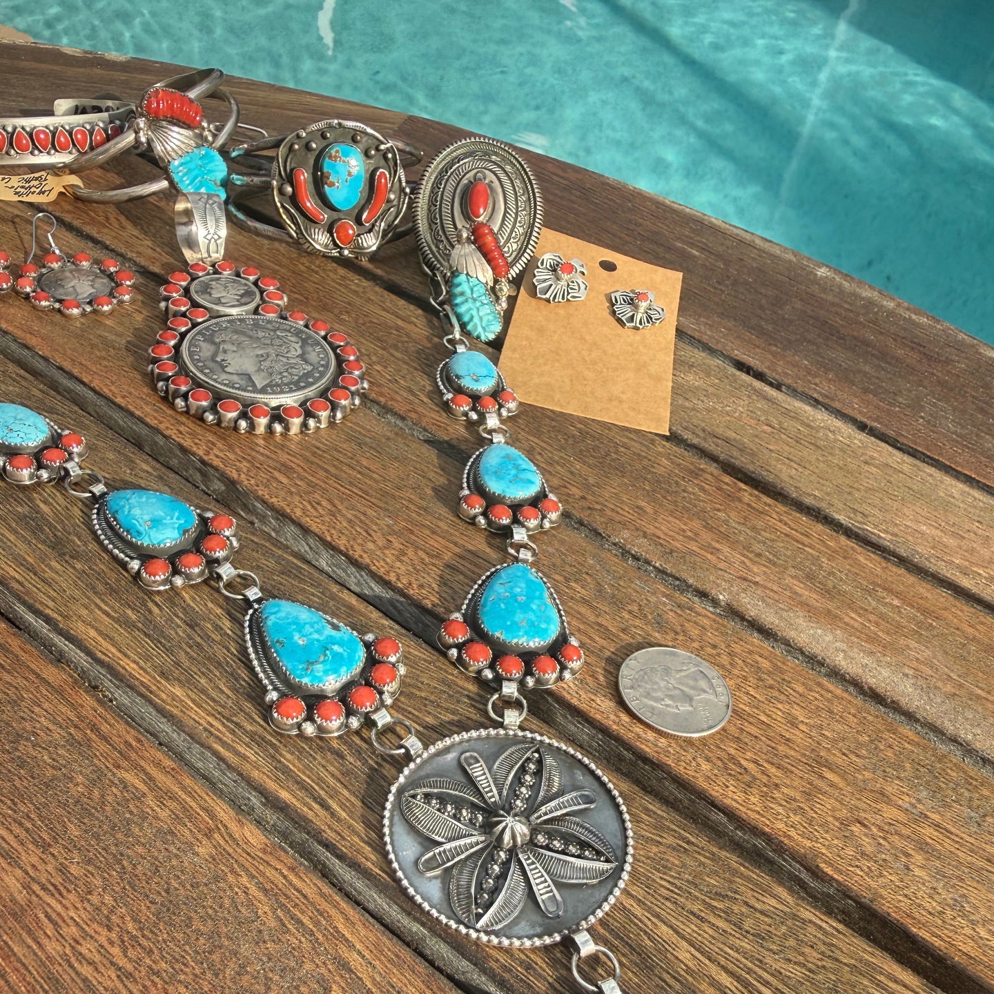 Myron Etsitty Kingman Turquoise and Coral Statement Lariat